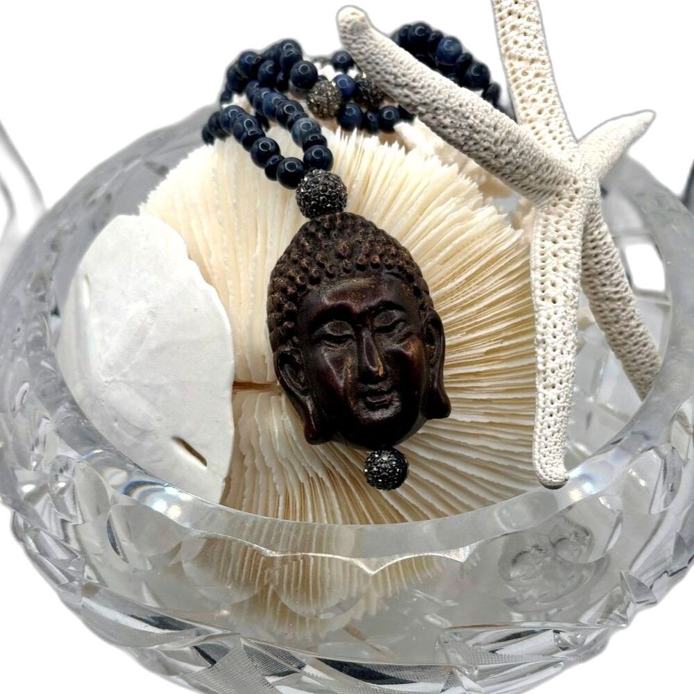 Calypso St Barth Buddha Necklace Navy Beaded Boho Statement Hip Chick
